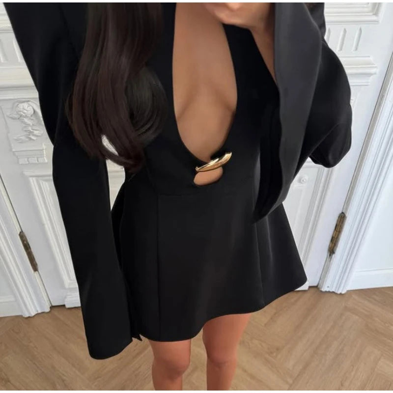 Black Hollow Out Mini A-line Dress Women Sexy Round Neck Full Sleeve Waist Cinching Short Dresses 2025 Lady Chic Party Club Robe