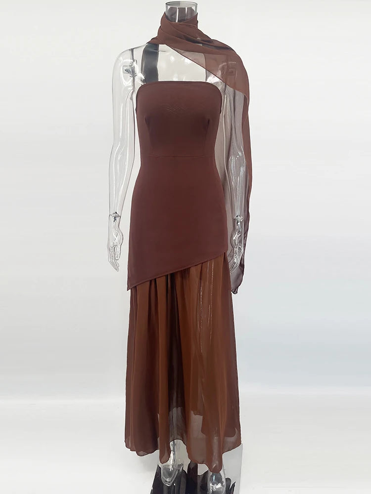 2025 New Strapless Dress With Ribbon Women's Elegant Sleeveless Mesh Beach Vacation Long Dress Spring Fashion Lady Dress