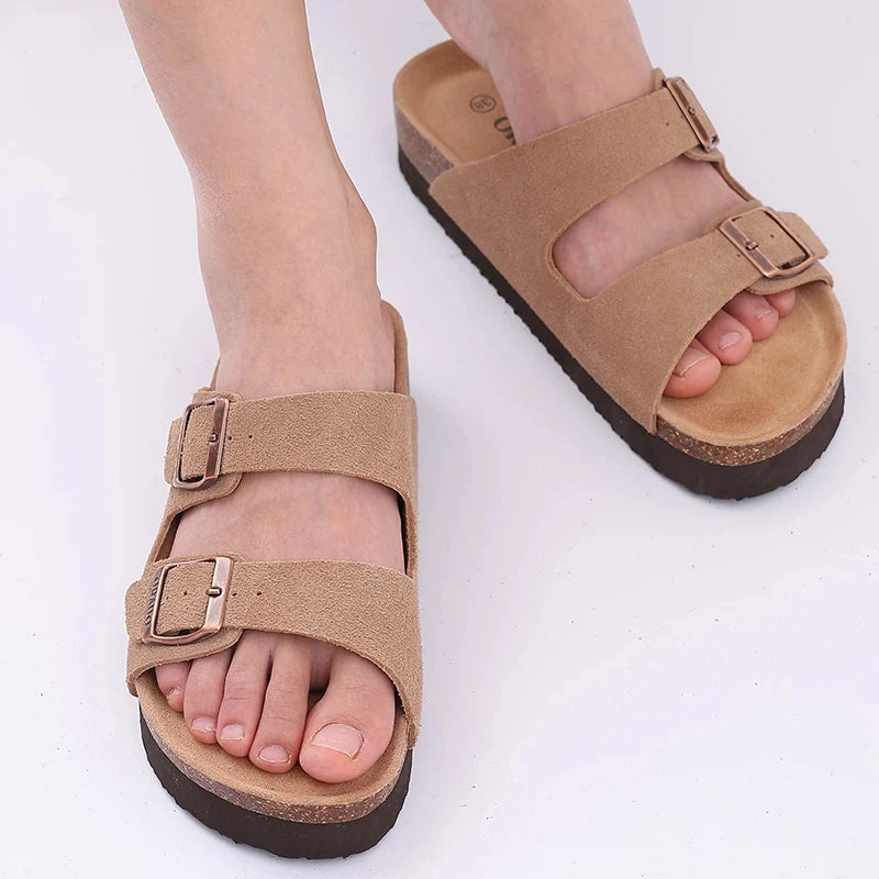 Litfun Women's Cork Footbed Sandals Classic Flat Sandals Fashion Thick Bottom Double Buckle Slides Beach Sandals With Adjustable