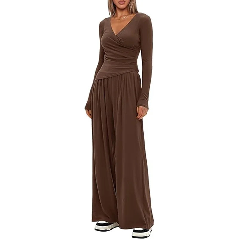 2025 autumn and winter wide leg pants set, women's long sleeved multi occasion sportswear, commuting hot selling item