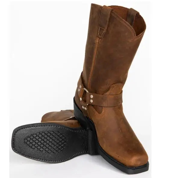 Luxury Retro Cowboy Boots Men Mid Calf Western Boot Men Pu Leather Man Slip On Shoes Winter Knight Boots Booties Plus Size 48