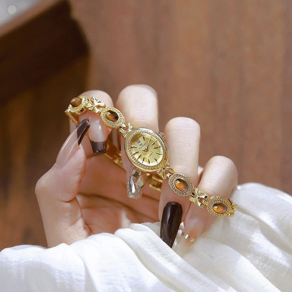 Women's Watch Natural Jade Bracelet Vintage Small Oval Dial Gold Retro Watches Luxury Brand Women Quartz Wristwatches Clock Gift