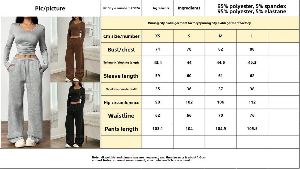 Women's Fashion Casual Wide Leg Pants Long Sleeve Crew Neck Solid Color Slim Two-piece Autumn and Winter Suit