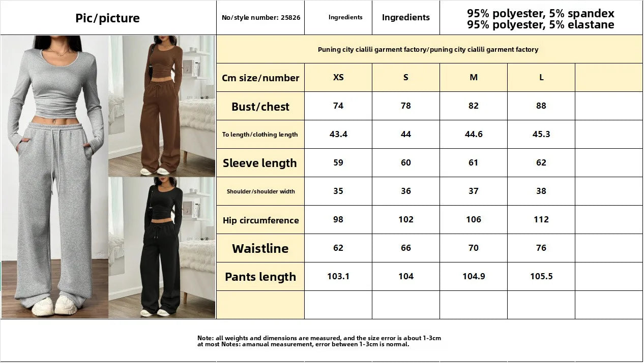 Women's Fashion Casual Wide Leg Pants Long Sleeve Crew Neck Solid Color Slim Two-piece Autumn and Winter Suit
