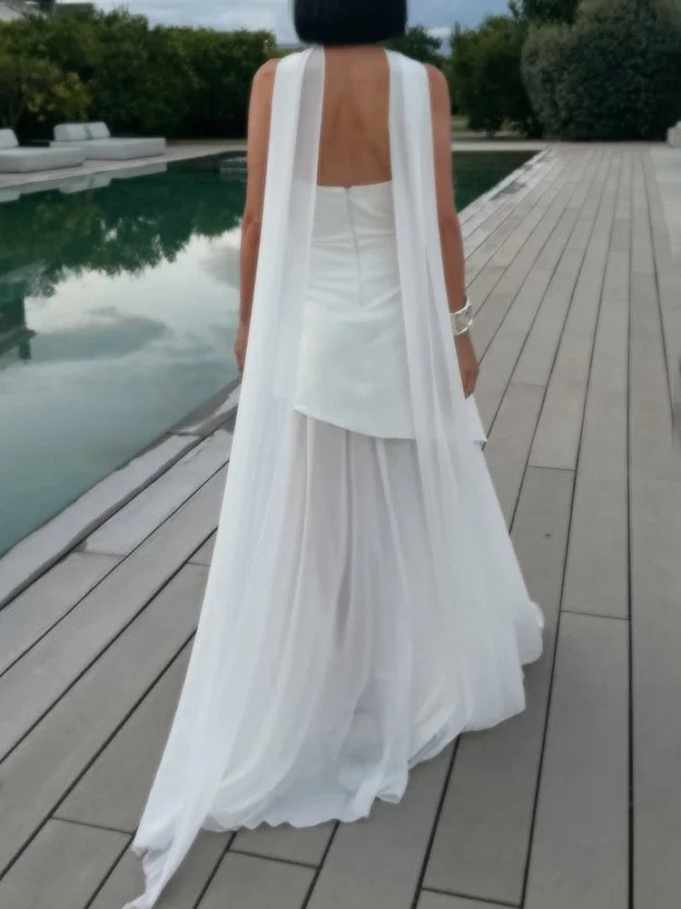 2025 New Strapless Dress With Ribbon Women's Elegant Sleeveless Mesh Beach Vacation Long Dress Spring Fashion Lady Dress