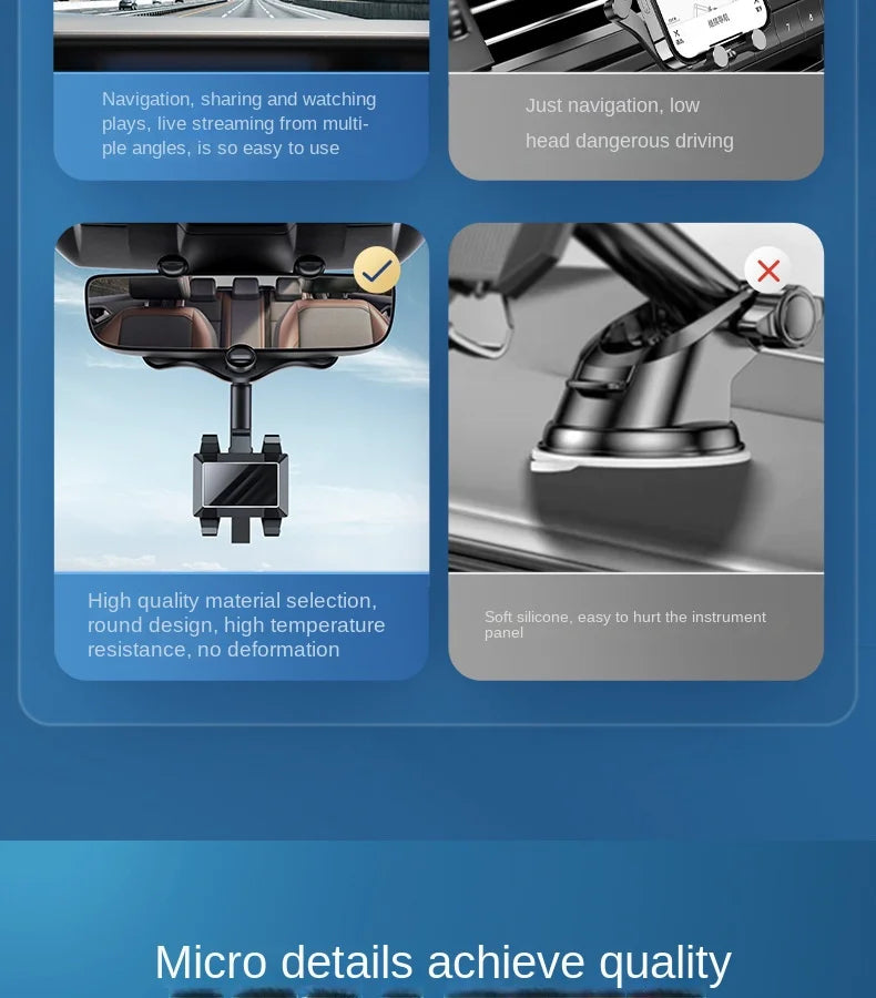 360° Car Rearview Mirror Phone Holder Mount Phone and GPS Holder Universal Rotating Adjustable Telescopic Phone Stand Support