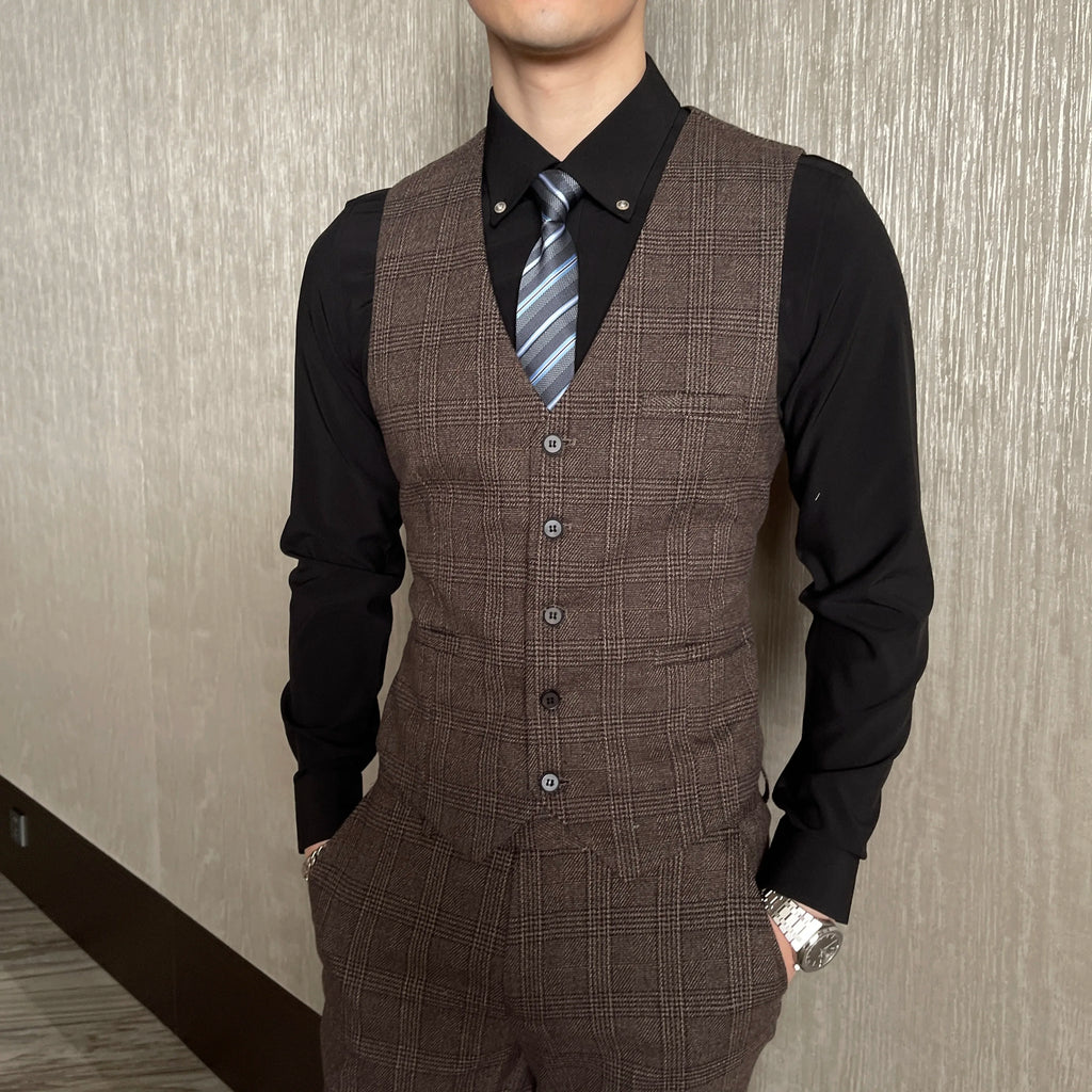 British Korean Style High Quality Modified Plaid Three-Piece Suit for Men - Stylish Business Casual Suit Vest And Trousers Set