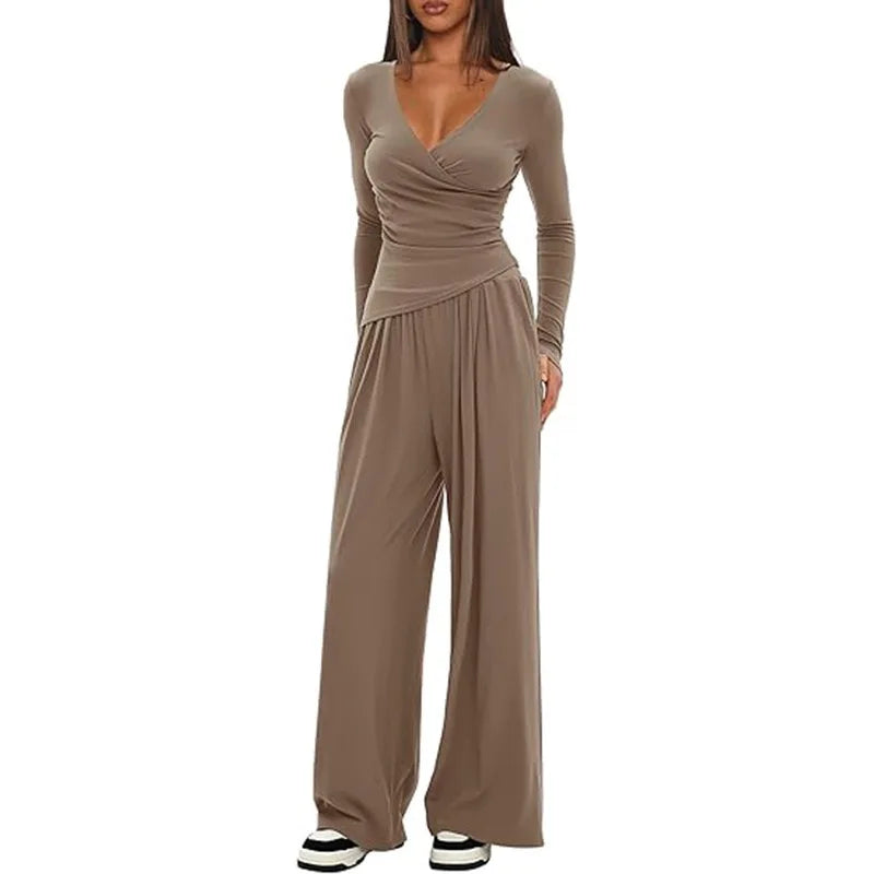 2025 autumn and winter wide leg pants set, women's long sleeved multi occasion sportswear, commuting hot selling item