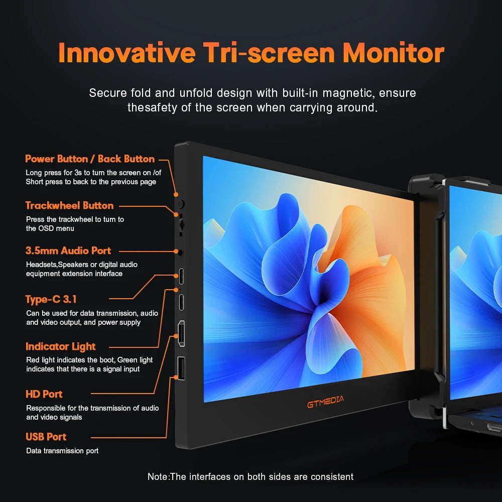 GTMEDIA MATE X 11.6 Inch Portable Monitor 1920*1080 IPS HD Triple Dual Extender Screen Full View Fold For 13.0-17.3 Inch Laptops