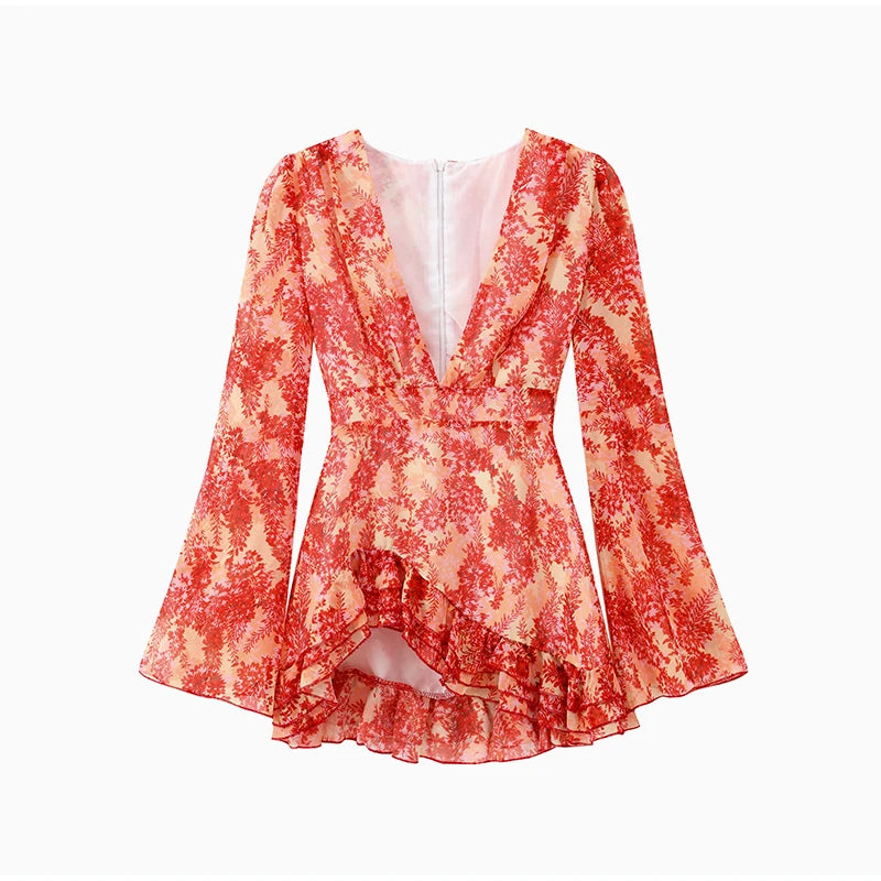Sexy Floral Printed Mini Dress Women V-neck Flared Sleeve Waist Cinching Ruffle Bodycon Dresses 2026 Lady Party Vacation Gown