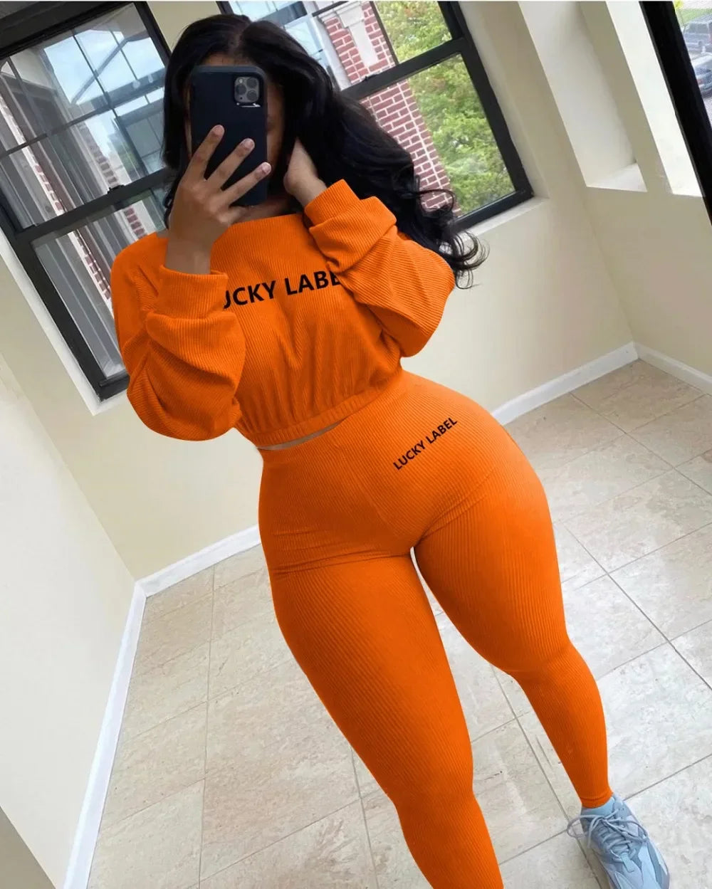 Fashion Summer Solid Lucky Label Letter Embroidery Two Piece Sets Women Sweatshirt+Leggings Casual Sporty Tracksuits Female