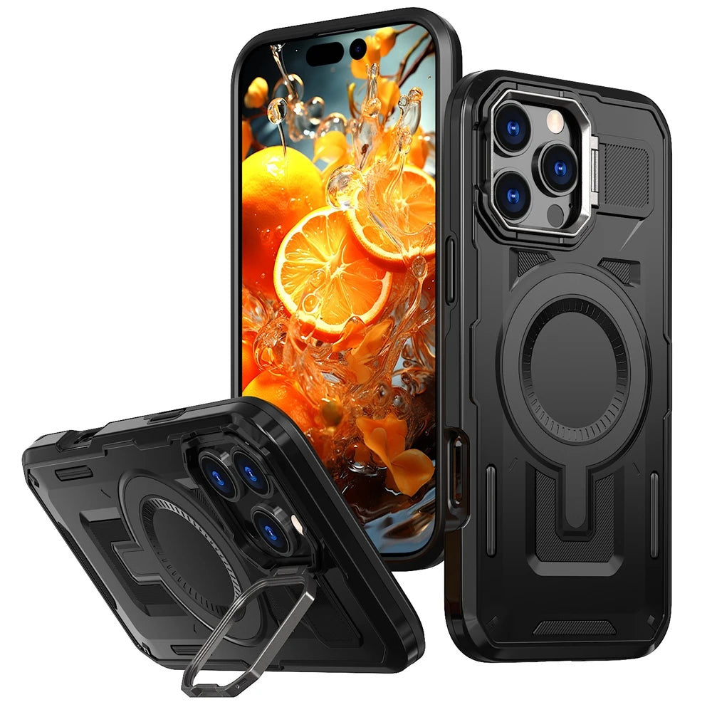 Luxurious Armor Case for iPhone 17 air 16 e 15 14 13 12 11 Pro Max Plus Magnetic Metal Stand Holder Kickstand Protective Hard Co
