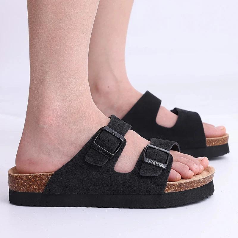 Litfun Women's Cork Footbed Sandals Classic Flat Sandals Fashion Thick Bottom Double Buckle Slides Beach Sandals With Adjustable