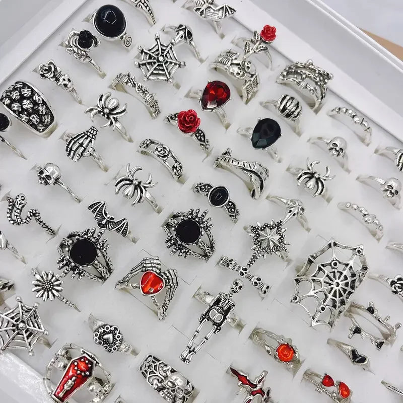 10/20/30Pieces Vintage Punk Spider Skull For Women Men Mix Style Gothic Dark Style Halloween Finger Rings Jewelry Party Festival
