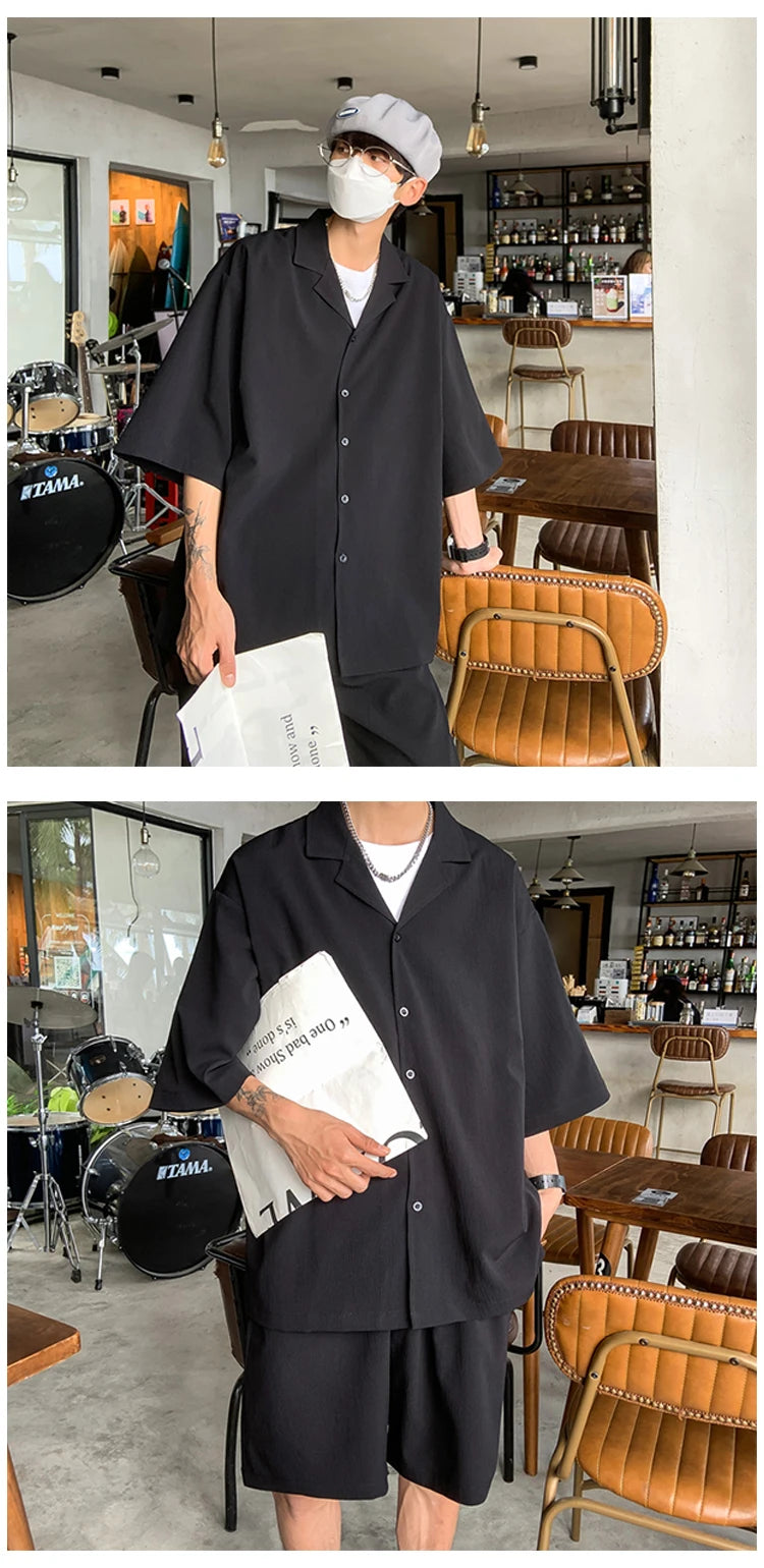 Summer Two-Piece Men's Sets Shirt and Shorts Casual Outfits Oversized Short Suit Plain Clothes Clean Fit Black White Green