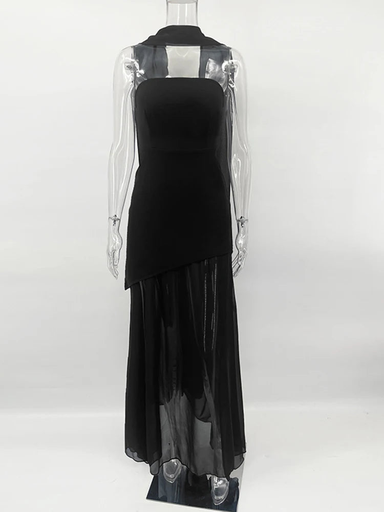 2025 New Strapless Dress With Ribbon Women's Elegant Sleeveless Mesh Beach Vacation Long Dress Spring Fashion Lady Dress