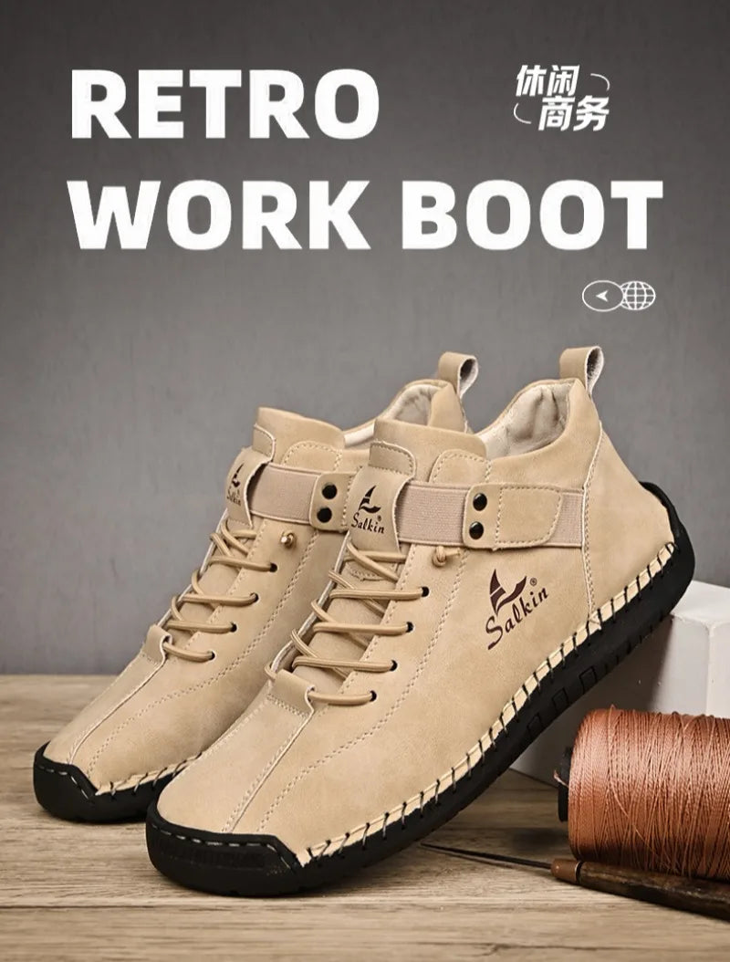 Winter New Men's Low-top Ankle Boots High Quality Hand-stitched Hook&loop Leather Casual Sneakers Classic Man Shoes Plus Size 48
