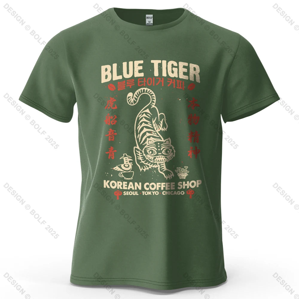 BLUE TIGER Trendy Printed Men's T-Shirt 100% Cotton Oversized Cultural Graphic Tees for Women Tops Tees Casual Streetwear