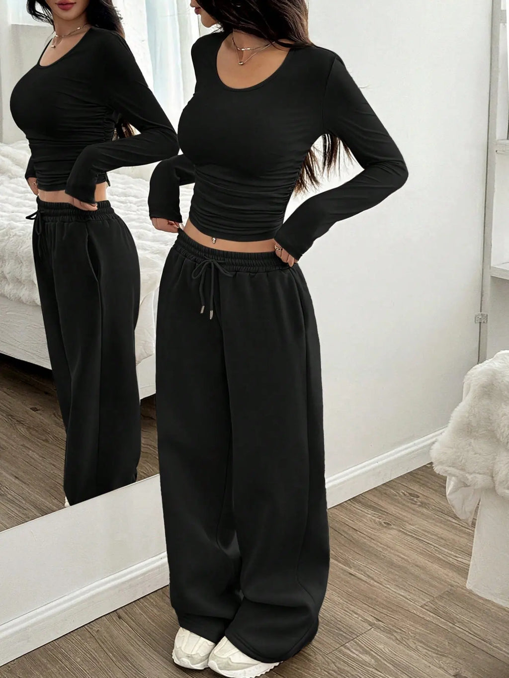 Women's Fashion Casual Wide Leg Pants Long Sleeve Crew Neck Solid Color Slim Two-piece Autumn and Winter Suit
