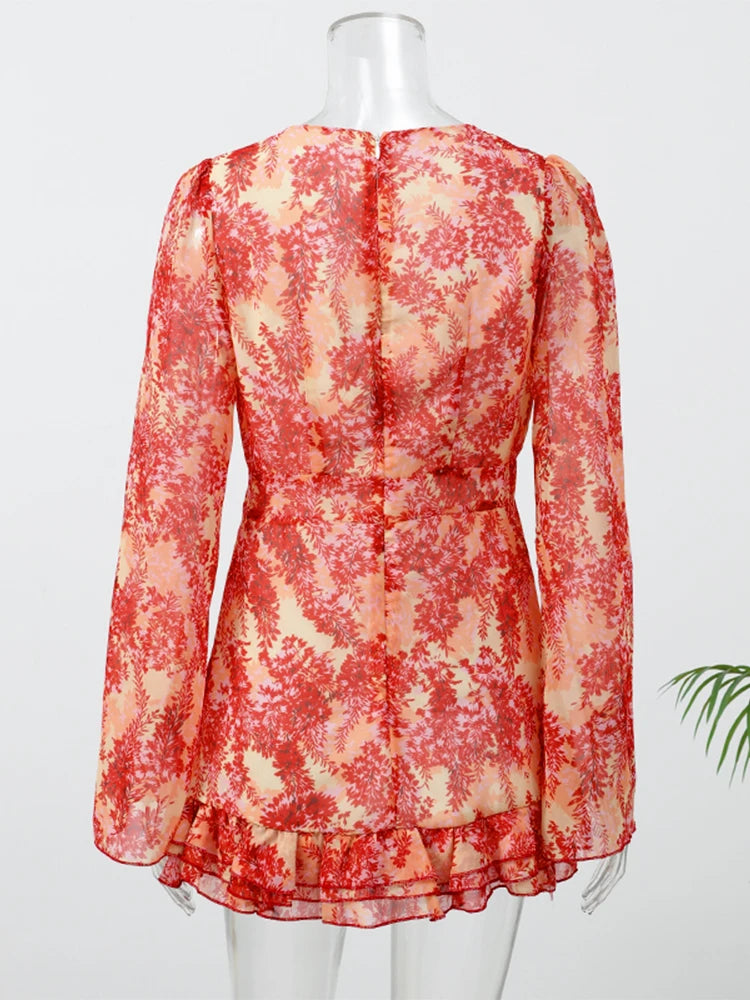 Sexy Floral Printed Mini Dress Women V-neck Flared Sleeve Waist Cinching Ruffle Bodycon Dresses 2026 Lady Party Vacation Gown