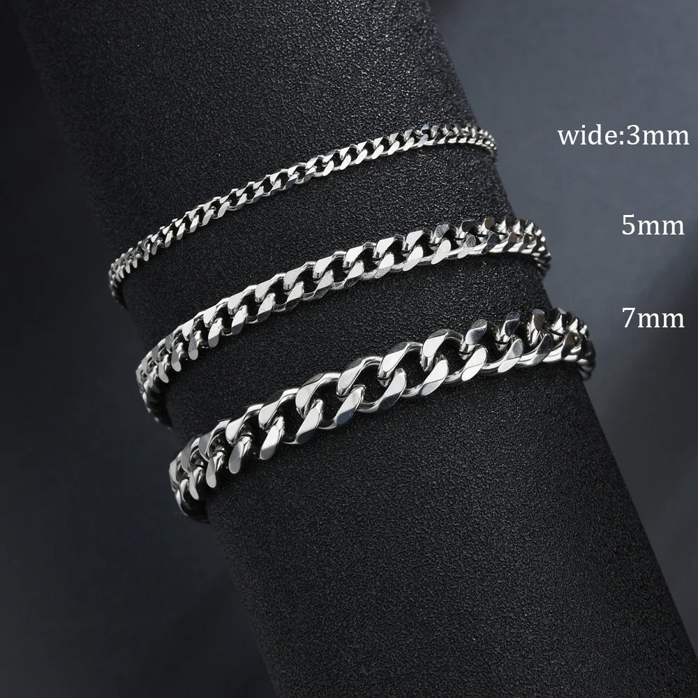 3/5/7mm Width Stainless Steel Punk Style Cuban Chain Bracelet Simple Fashion Jewelry Bracelet Gifts For Men Women 2024New Trendy