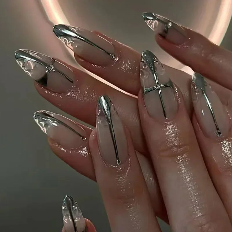 24Pcs Y2k Almond Acrylic Nails Full Cover 3D Diamond Black Nail Art Sweet Cool French Wearable Fake Nail Manicure Tips for Girls