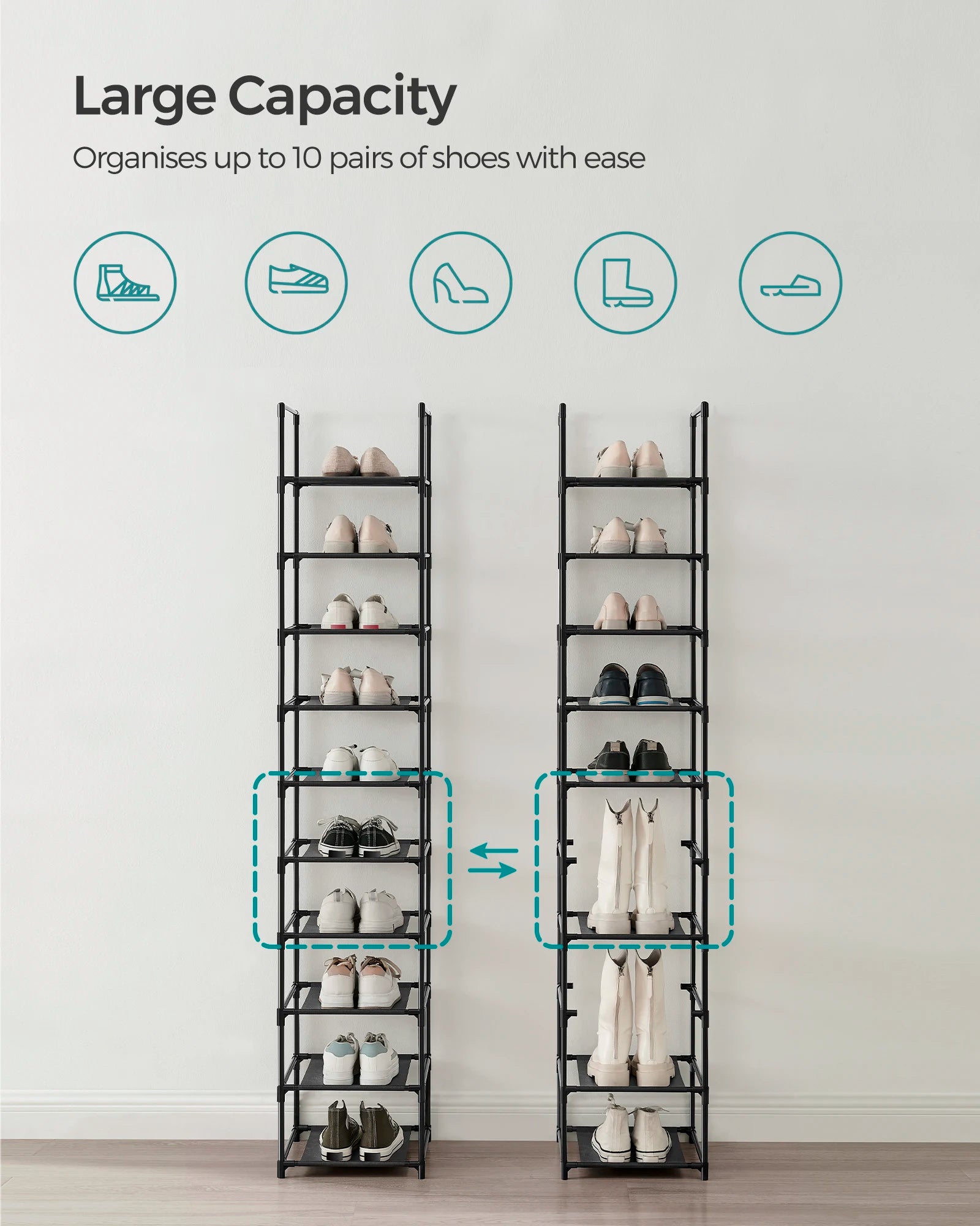 SONGMICS 10-Tier Shoe Rack, Shoe Stand, Space-Saving Shoe Storage, 33 x 33 x 173 cm, Metal Frame, Non-Woven Fabric Shelves