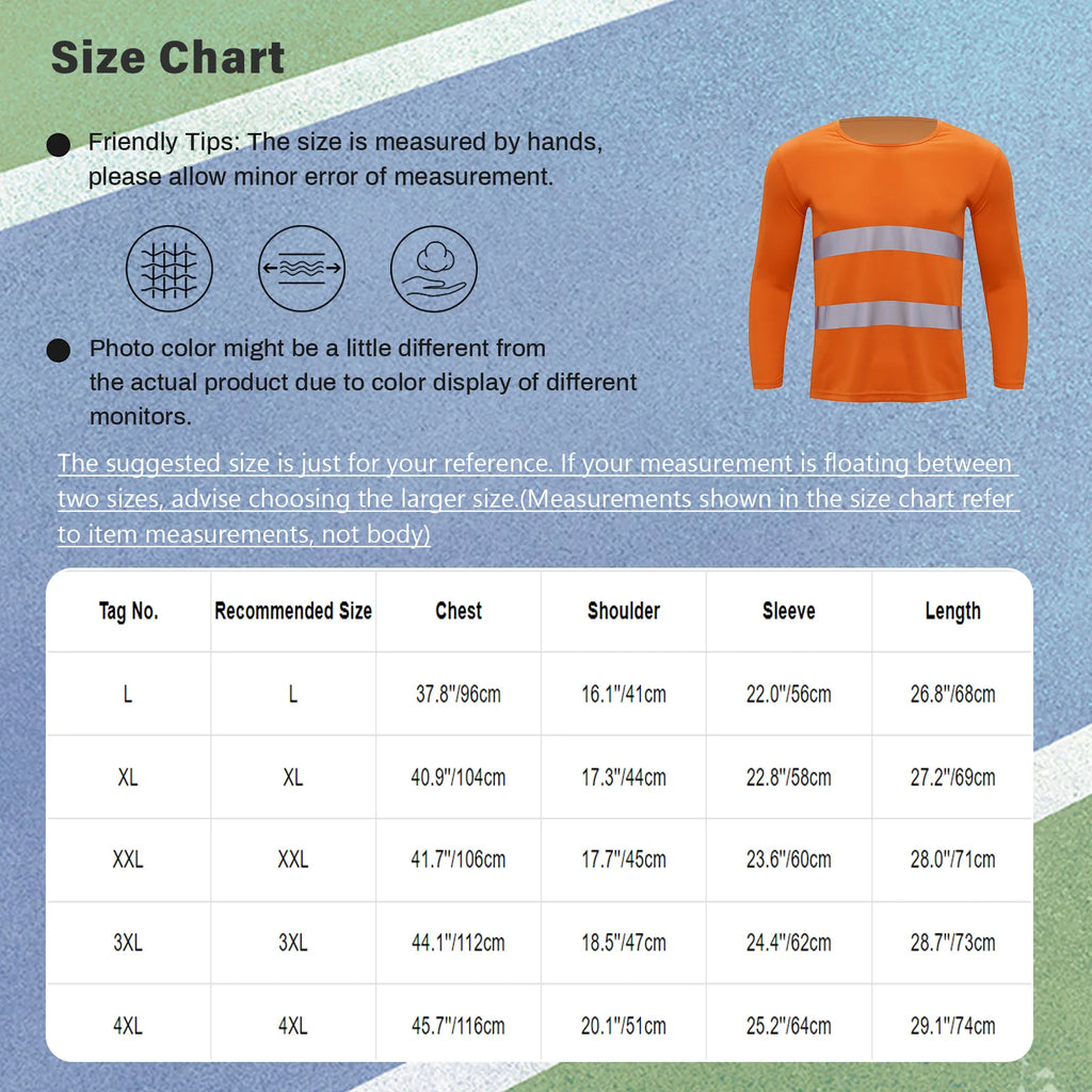 Mens T-shirt Moisture-Wicking Long Sleeves Reflective Safety Top for Volunteer Activities Social Service Cycling Workout Running