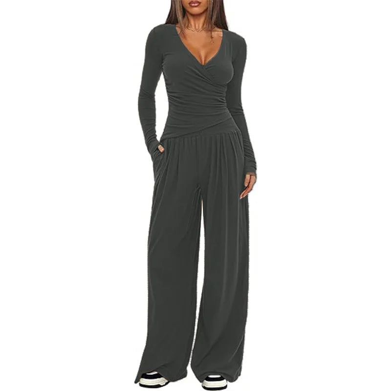 2025 autumn and winter wide leg pants set, women's long sleeved multi occasion sportswear, commuting hot selling item