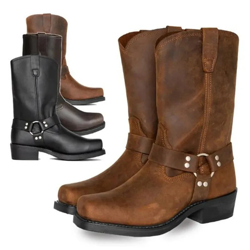Luxury Retro Cowboy Boots Men Mid Calf Western Boot Men Pu Leather Man Slip On Shoes Winter Knight Boots Booties Plus Size 48