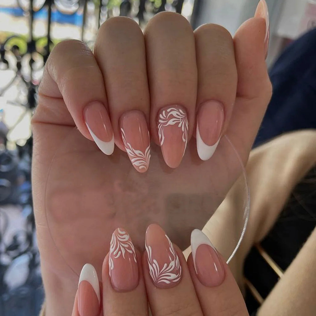 24Ps/Set Almond Slant Gold Line Lotus Pink Fake Nails Artificial Professional Material art False Nail Supplies For Professionals