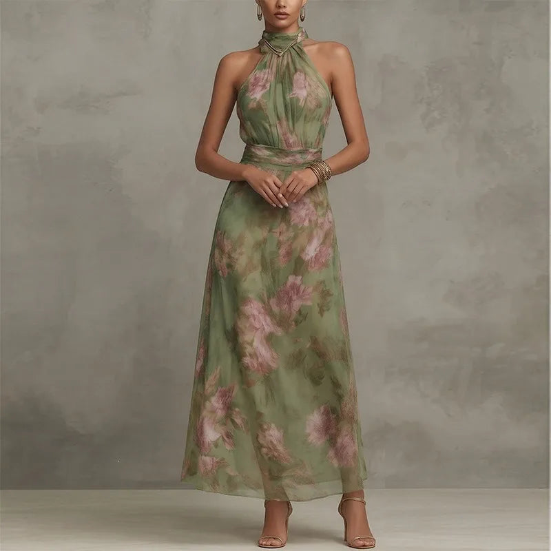 Elegant Ruched Mesh Maxi Dress – Printed Split Cami Style