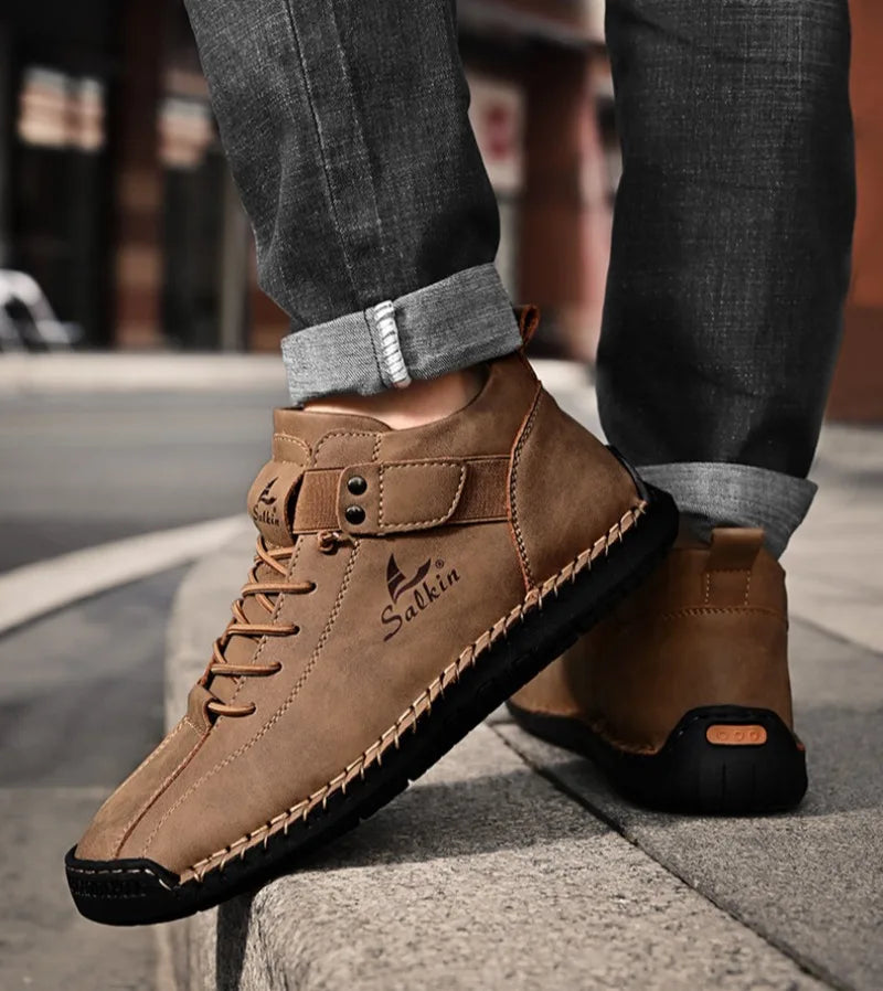 Winter New Men's Low-top Ankle Boots High Quality Hand-stitched Hook&loop Leather Casual Sneakers Classic Man Shoes Plus Size 48