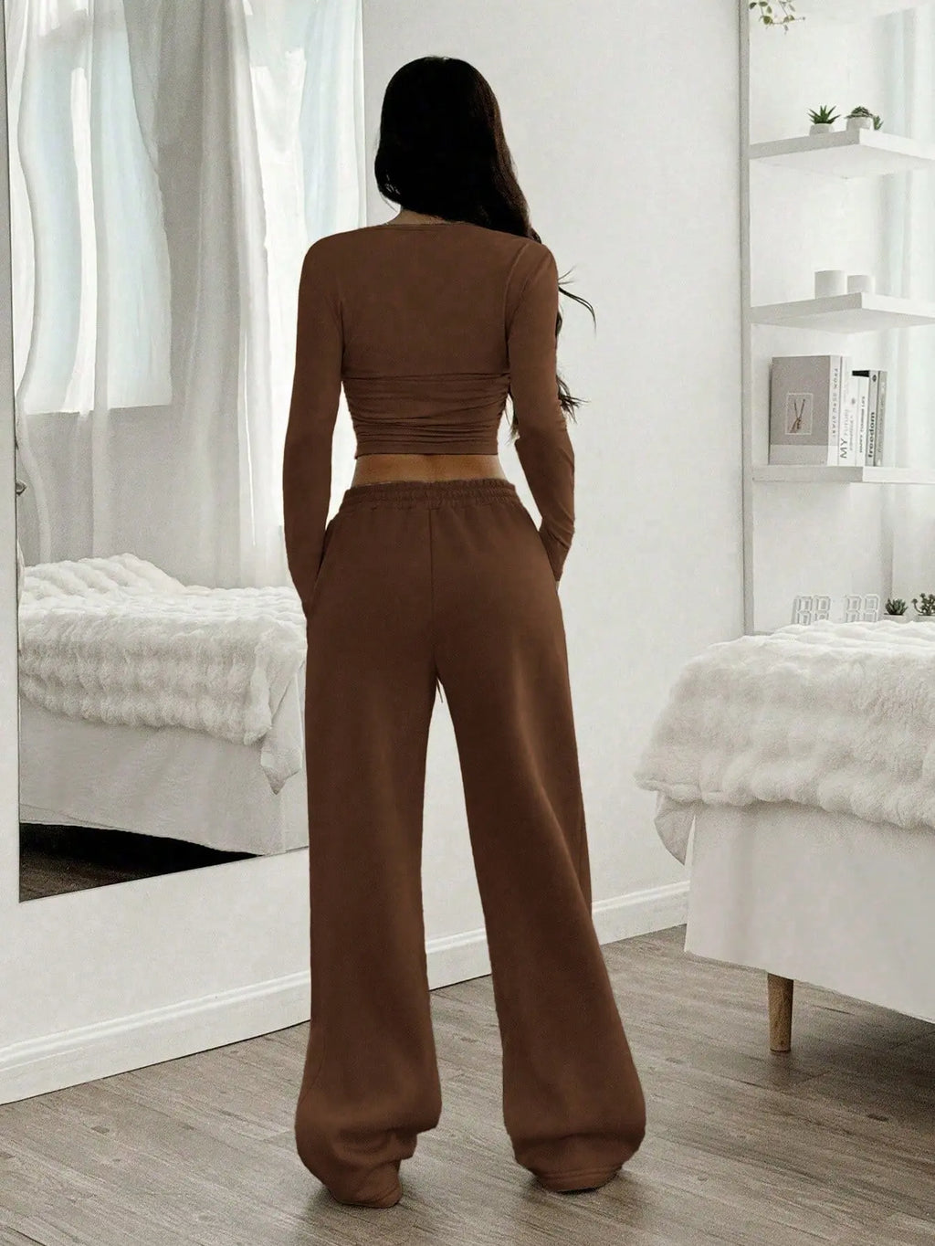 Women's Fashion Casual Wide Leg Pants Long Sleeve Crew Neck Solid Color Slim Two-piece Autumn and Winter Suit