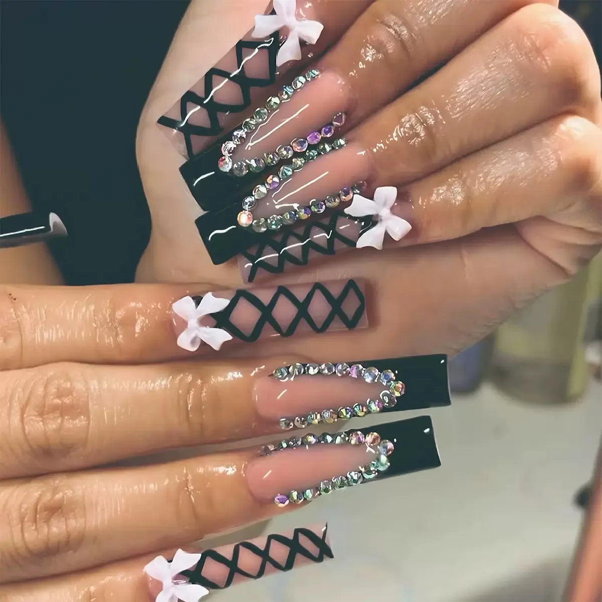 24Pcs Gold French Border False Nails Long Coffin False Nails with Rhinestones Ballerina Full Cover Nail Tips Press on Nails 2030