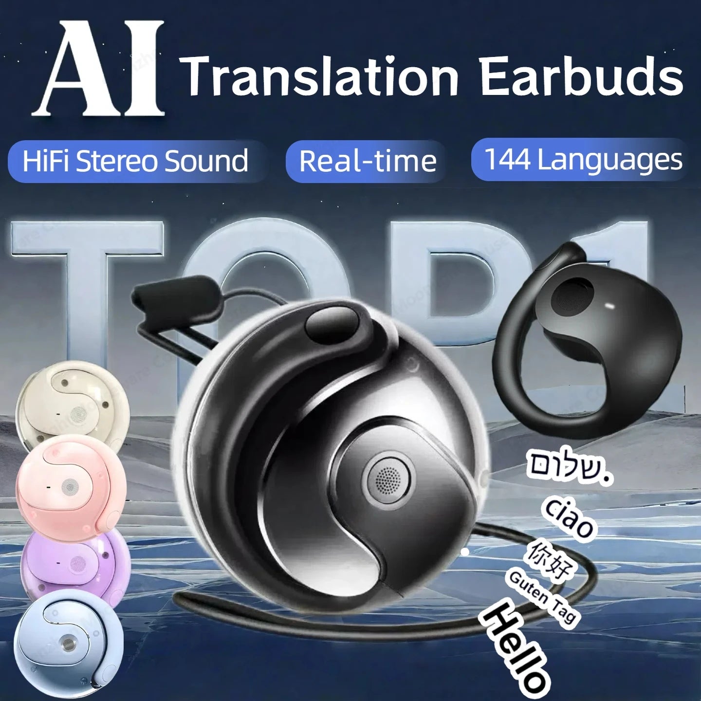 AI Real-time Language Translation Earphones Wireless BT 144 Languages Ear Hanging Headphone Translator for Travel Business