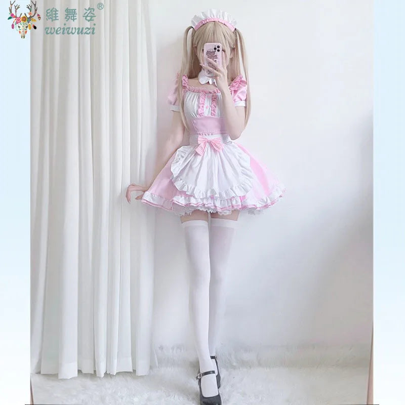 Japanese Sweet Cute Lolita Dress Maid Cosplay Costume Pink Bow Maid Dress Girl Fashion Stage Perfermance Fancy Costume Catwomen