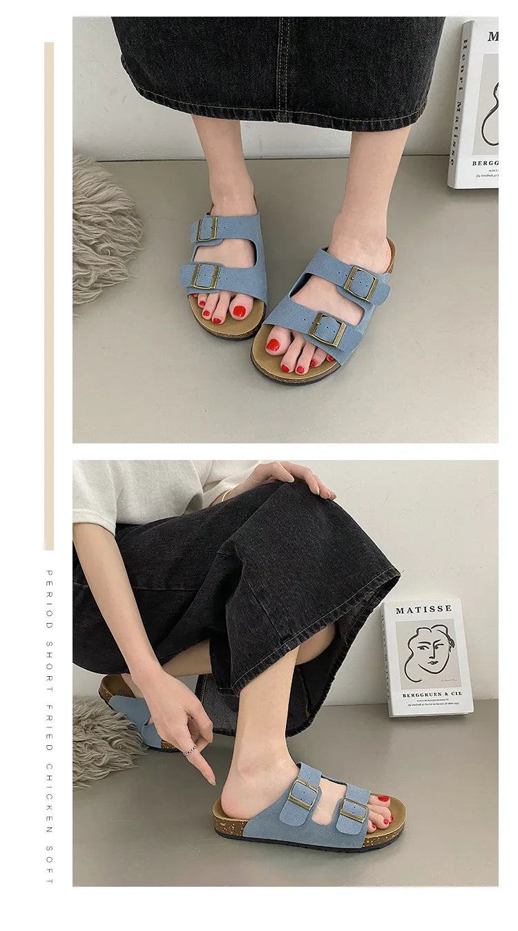 Litfun Women's Cork Footbed Sandals Classic Flat Sandals Fashion Thick Bottom Double Buckle Slides Beach Sandals With Adjustable