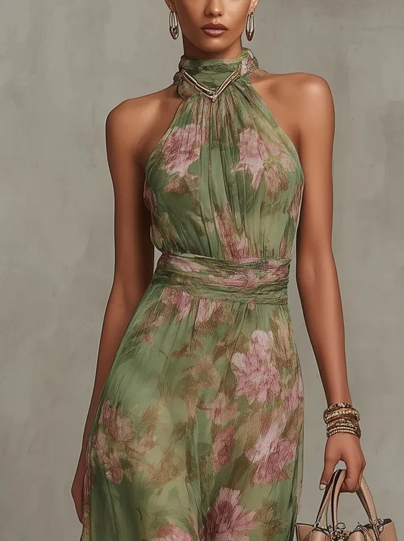 Elegant Ruched Mesh Maxi Dress – Printed Split Cami Style