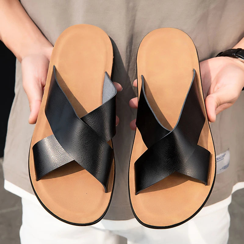 Summer Sandals High Quality Leather Men Bare Toe Slippers Men Shoes Slip on Casual Shoes Outdoor Mens Slides Comfy Beach Sandals