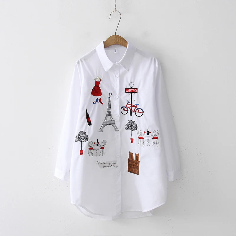 Fashion loose women's cotton embroidered shirt spring and autumn long top 5083
