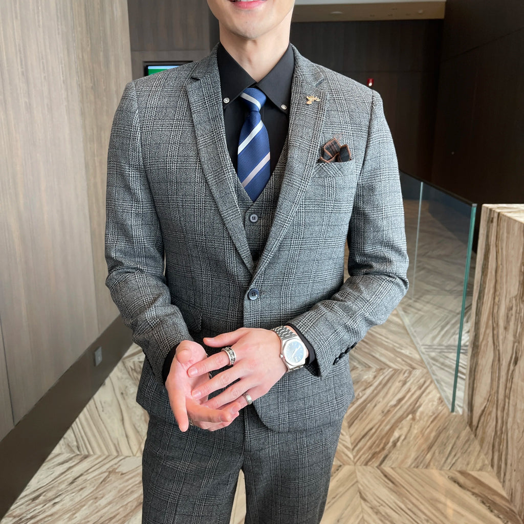 British Korean Style High Quality Modified Plaid Three-Piece Suit for Men - Stylish Business Casual Suit Vest And Trousers Set