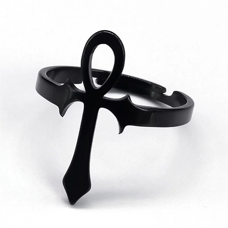 Egyptian Ankh Cross Ring Stainless Steel Anubis Life Symbol Adjustable Egypt Trend Finger Ring Party Jewelry Gift for Women Men