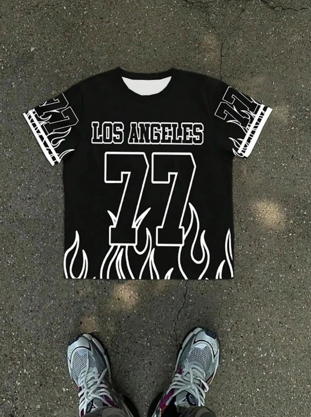 Men's Summer Casual Breathable Round Neck T-shirt Flame Color blocked Los Angeles Letter 77 Printed Outdoor Street Top