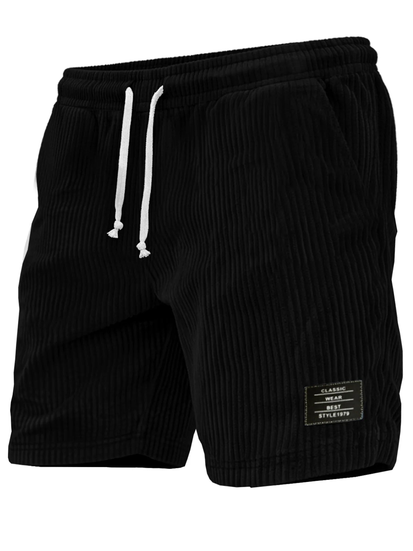 3-piece set of thick striped black label men's corduroy casual shorts, summer retro logo lace up loose sports five quarter pants, multi pocket training pants.