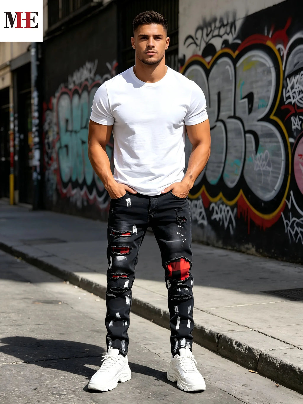 HME Men's Black Gray Denim Pants, Plaid Patch Paint Splatter Slim Skinny Jeans for Streetwear