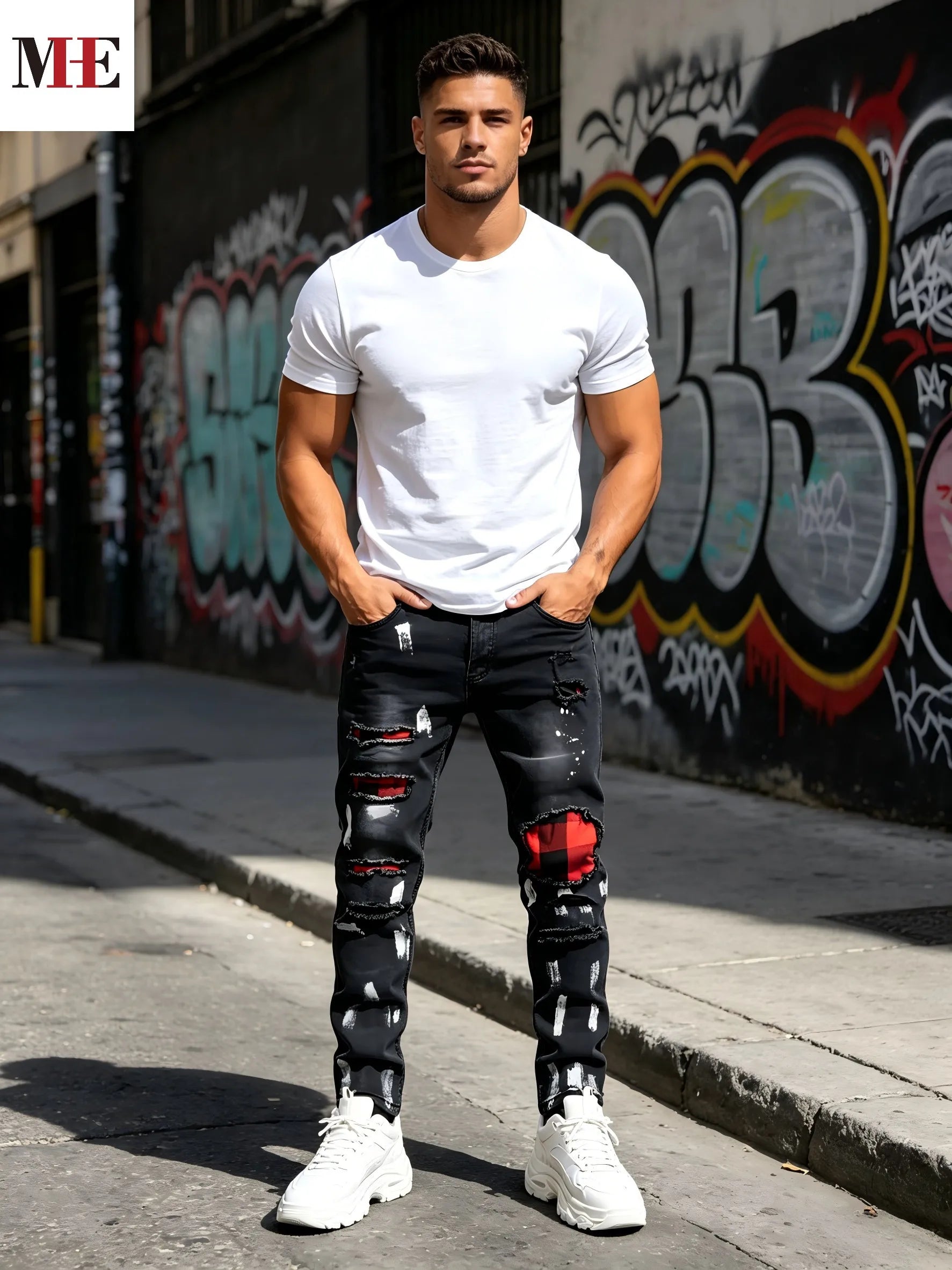 HME Men's Black Gray Denim Pants, Plaid Patch Paint Splatter Slim Skinny Jeans for Streetwear