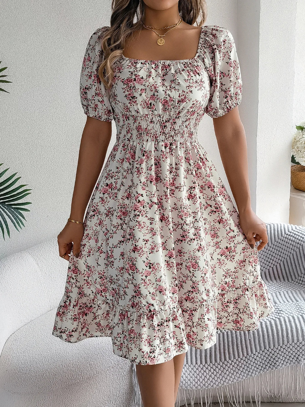Summer Women's Beach Dress Floral 3D Print Square Neck Short-Sleeved Ladies Waist Ruffled A-Line Dress For Women Holiday Dresses