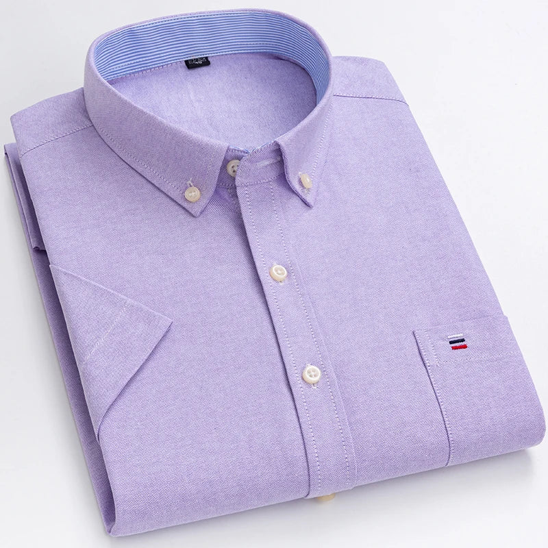 2026 100% Pure Cotton Men's Oxford Short Sleeve Square Collar Soild Plaid Striped Summer Casual Shirts Single Pocket  Shirt