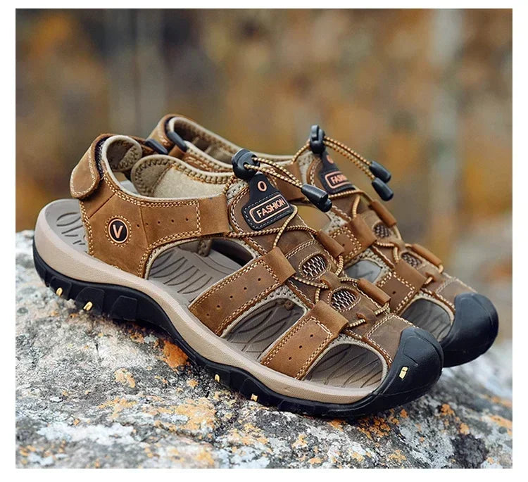 Summer Sandals Leather Outdoor Men Beach Shoes Luxury Breathable Casual Sandal Man Wading Shoes Non-slip Wide lining Slippers